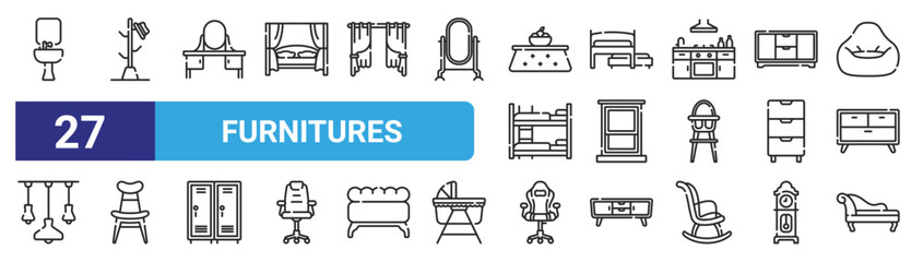 set of 27 outline web furnitures icons such as sink, coat hanger, dressing table, trundle bed, window, chair, gaming chair, chaise longue vector thin icons for web design, mobile app. - obrazy, fototapety, plakaty
