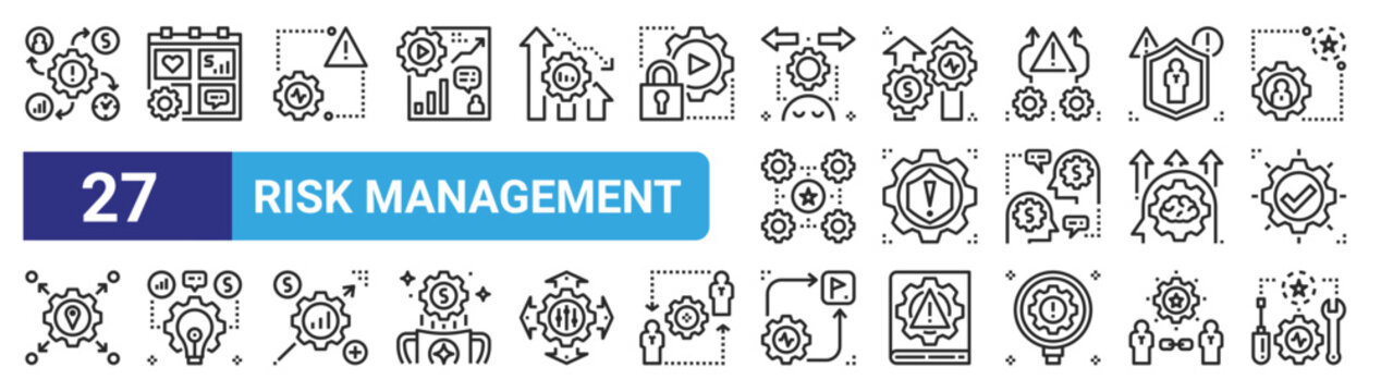 Set Of 27 Outline Web Risk Management Icons Such As Impact, Calendar, Risk, Rise, Risk, Project, Method, Tools Vector Thin Icons For Web Design, Mobile App.