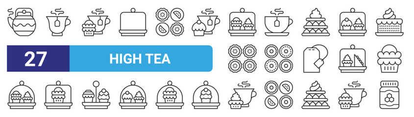 set of 27 outline web high tea icons such as teapot, tea, teacup, teacup, pie, cake, tea, honey vector thin icons for web design, mobile app.