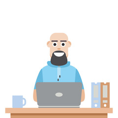 Man Using Laptop For Work From Home Wear Short Hoodie