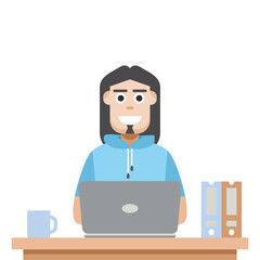 Man Using Laptop For Work From Home Wear Short Hoodie