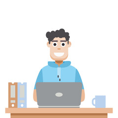 Man Using Laptop For Work From Home Wear Short Hoodie