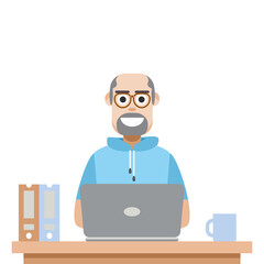 Man Using Laptop For Work From Home Wear Short Hoodie