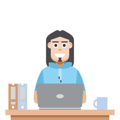 Man Using Laptop For Work From Home Wear Short Hoodie