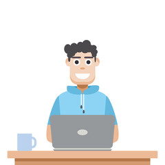 Man Using Laptop For Work From Home Wear Short Hoodie