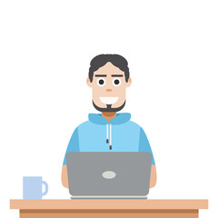 Man Using Laptop For Work From Home Wear Short Hoodie