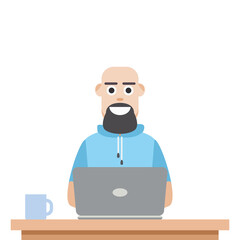 Man Using Laptop For Work From Home Wear Short Hoodie