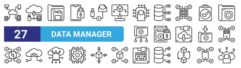 set of 27 outline web data manager icons such as storage, technology, diskette, storage, padlock, technology, diskette, cloud vector thin icons for web design, mobile app.