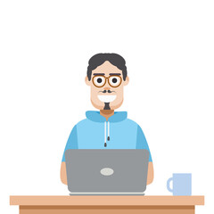 Man Using Laptop For Work From Home Wear Short Hoodie