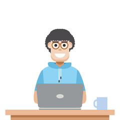 Man Using Laptop For Work From Home Wear Short Hoodie