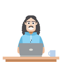 Man Using Laptop For Work From Home Wear Short Hoodie