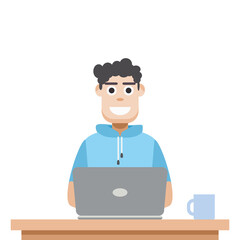 Man Using Laptop For Work From Home Wear Short Hoodie