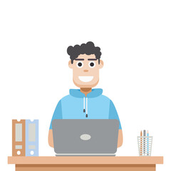 Man Using Laptop For Work From Home Wear Short Hoodie