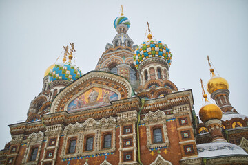 Fototapeta na wymiar Scenic view of Savior on the Spilled Blood Church on snowy winter day in Saint Petersburg, Russia