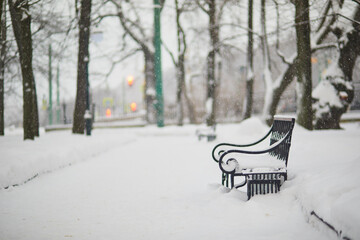 bench in Mikhailovsky garden on a cold and snowy winter day in Saint Petersburg, Russia