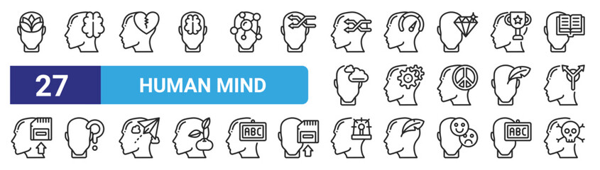 Fototapeta na wymiar set of 27 outline web human mind icons such as calm, brain, broken heart, strength, thinking, confusion, anxiety, dead vector thin icons for web design, mobile app.