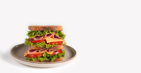 Club sandwich with ham, cheese, tomato and lettuce. 