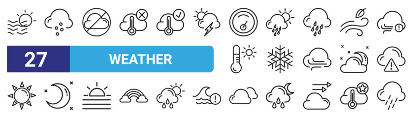 set of 27 outline web weather icons such as sun, hail, weather, drizzle, snowflake, moon, cloudy, rain vector thin icons for web design, mobile app.