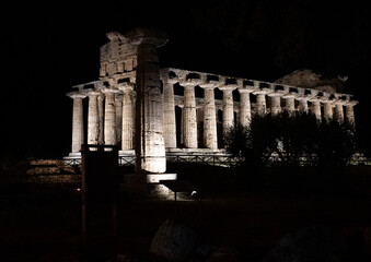 Night photos of the Greek temples of Paestum.