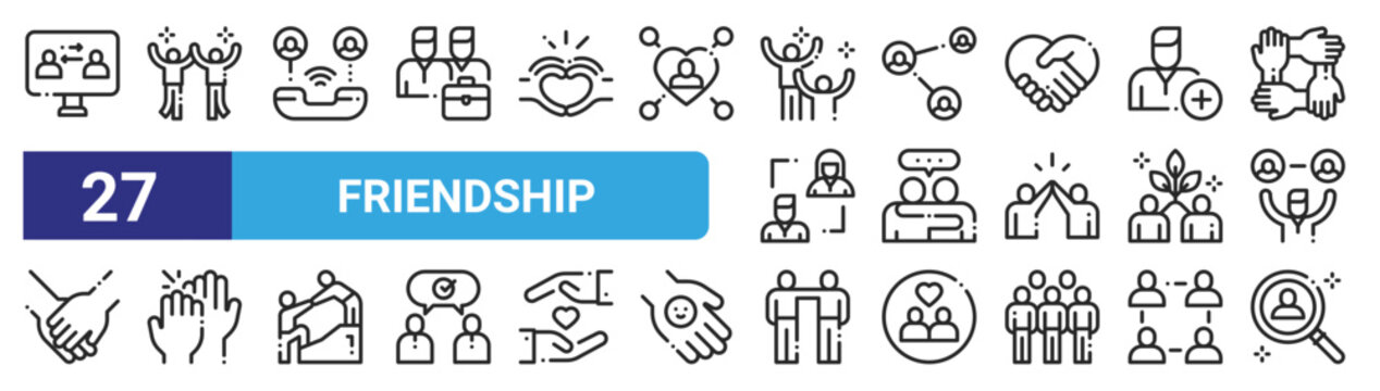 set of 27 outline web friendship icons such as feedback, teammate, conversation, share, friendship, high five, shoulder to shoulder, find my friend vector thin icons for web design, mobile app.