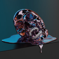 Concept illustration from 3D rendering of silver metal melting screaming skull made of chrome reflecting metal isolated on black metallic block.