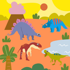 Vector cute funny cartoon isolated dinosaur set