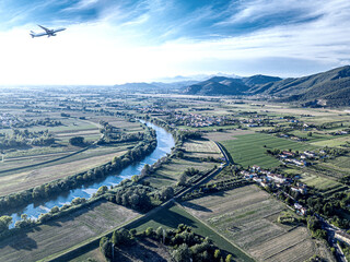 Panoramic view of river Arno near the hill , aerial view.