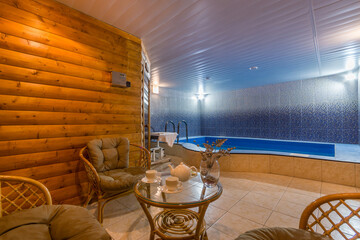The interior of the SPA center with a relaxation area, a sauna and a swimming pool.