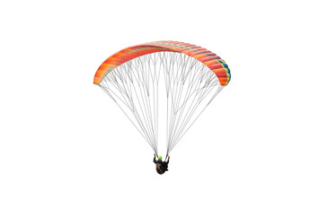 Bright colorful parachute on white background, isolated. Concept of extreme sport, taking adventure...