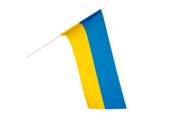 National flag of Ukraine on plastic stick isolated on white background, Ukrainian state symbol. Cut out. - 529625079