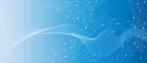 Digits abstract illustration with connected line and dots, wave flow on black background