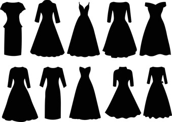 silhouette set of dresses on white background isolated, vector