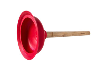 Bright red rubber plunger with wooden handle isolated transparent png