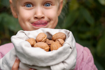 Walnut for Children. Walnuts in bag of Funny Cute Child. Walnut Nuts Harvest.