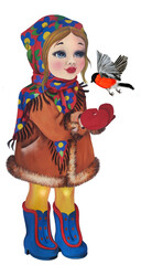 A girl in retro winter clothes invites a bullfinch to sit on her hands. For illustrating children's books and Christmas postcards.