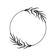 Simple wreath of two branches with long leaves. Elegant monogram frame. Farmhouse border. Line drawing, doodle, sketch, design logo element, icon, tag. Vector illustration isolated on white background