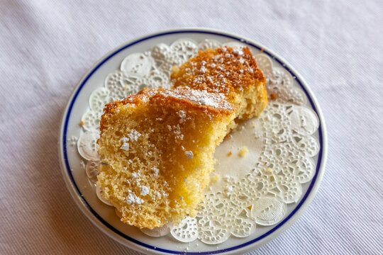 High angle view of slices of pound cake in a plate