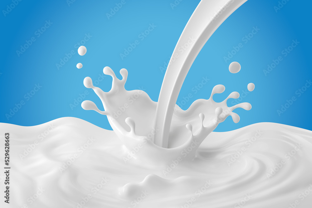 Poster milk flowing and splash in crown shape, for milk product background,3d rendering include clipping pa