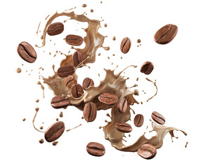 Fototapeta Milk coffee splash with Coffee Bean falling, 3d illustration. obraz