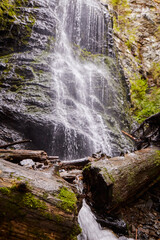 Yalynskiy waterfall in Marmaros region. Carpathian Mountain, Ukraine. Walking and hiking trails in Marmaros ridge. Rural area of carpathian mountains in autumn