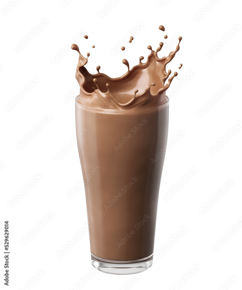 Poster glass with splashing cocoa, chocolate pouring and splash with clipping path 3d illustration