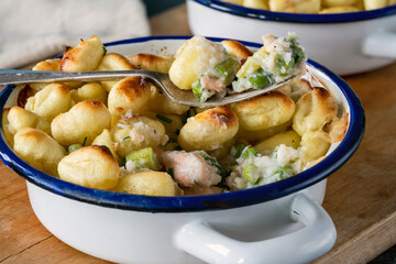 Fish pie with baked potato gnocchi topping