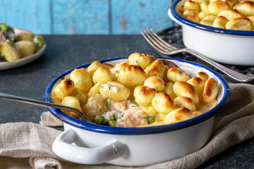 Fish pie with baked potato gnocchi topping