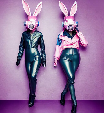 two girls in gas mask dressed as pink rabbits