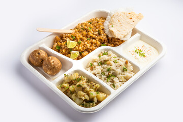 Indian Upwas thali, fasting food platter or thali for home delivery or takeaway parcel for any Vrat