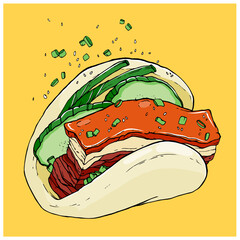 Vector illustration.Taiwanese snack Guabao. A piece of stewed meat with cucumber and green onion in steamed buns. Asian cuisine wallpaper for menu, packaging, cafe, restaurant.