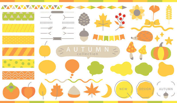 Set of autumn simple illustrations and frames. Autumn collection for your design, autumn leaves, season plants, nature symbols, frames vector illustration