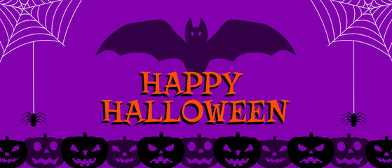 happy helloween banner greeting card design  with spiders border spiderweb cute ghosts and text on purple background