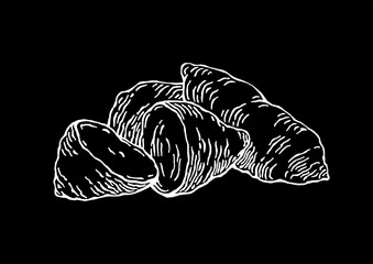 A vector image of a group of two halves and two whole tubers of sweet potato in the technique of black and white graphic on a black background
