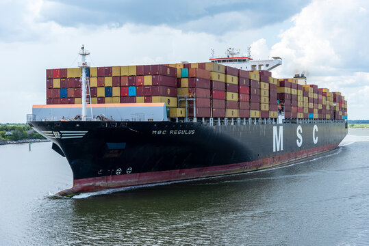 Container ship "MSC REGULUS" on her way out of the port Savannah, she is fully loaded with cargo containers.